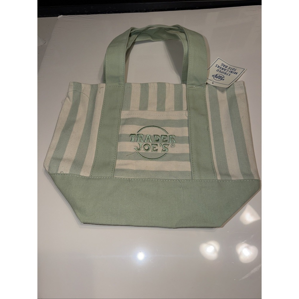 Trader Joe's Limited Striped Mini Canvas Tote‎ - Green and white striped
